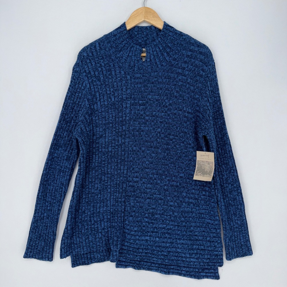 Habitat Sweater Women XL Blue Ribbed Mock Neck Lagenlook Coastal Oversized NEW